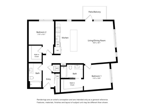 A floor plan of a home with two bedrooms, a living area, a kitchen, a bathroom, and a patio.